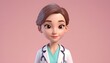 Young female doctor toon character with short hair, pastel pink background