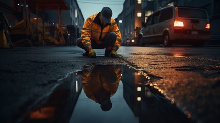 Poster - Generative AI Road worker repairing potholes, filling them with asphalt, road maintenance work in progress