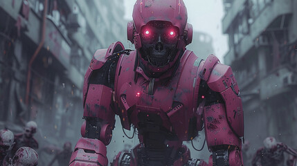 Futuristic robot soldier with red eyes patrolling a dystopian city street, conveying themes of sci-fi, warfare, and artificial intelligence.