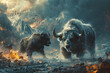 Black yak in the fire with smoke and flames. 3d rendering
