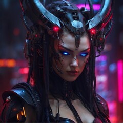 Wall Mural - Epic Cyberpunk Woman Demon Sci-Fi Character. Night light city bokeh on background. Retro wave vivid colors.