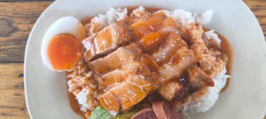 Wall Mural - Crispy pork on rice, food in Thailand