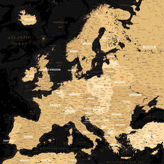 Wall Mural - Europe - Highly Detailed Vector Map of the Europe. Ideally for the Print Posters. Black Golden Beige Retro Style