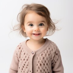 Poster - Stock image of a baby girl in a knitted cardigan on a white backdrop Generative AI
