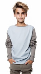 Poster - Stock image of a boy in casual clothing against a white backdrop Generative AI
