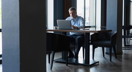 Sticker - Mature businessman working on laptop. Handsome mature business leader sitting in a modern office.