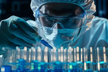 A modern laboratory setting features a focused scientist conducting an experiment with test tubes, emphasizing the precision of biomedical research.