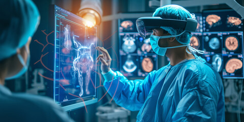 Wall Mural - A doctor wearing a VR headset interacts with futuristic digital displays, possibly for surgery planning or medical training.