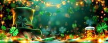 St. Patrick's Day Holiday Promotion Banner. A Charming St. Patrick's Day Setting Featuring A Traditional Leprechaun Hat, Beer, Gold, Pot