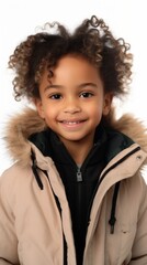 Poster - Stock image of a young girl in a winter coat on a white backdrop Generative AI