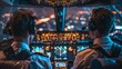 Commercial airline pilots in uniform operating a cockpit with illuminated controls during a night flight.