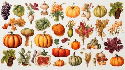 Fototapete - Generative AI Thanksgiving-themed grocery art sticker collection featuring pumpkins, cranberries, and seasonal vegetables in atmospheric watercolor tones with loose linework details