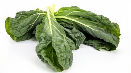 Poster - Three fresh, green collard greens captured in a close-up realistic photo against a white background Generative AI