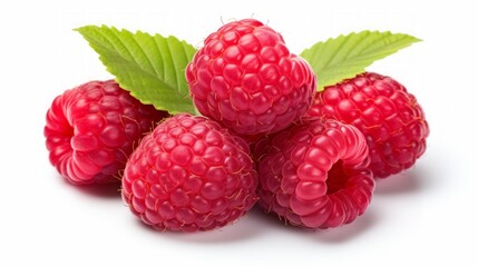 Poster - Three luscious raspberries captured in a close-up realistic photo against a white background Generative AI