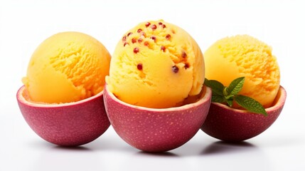 Poster - Three scoops of exotic passion fruit sorbet showcased in a close-up realistic photo against a white background Generative AI