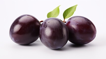 Poster - Three ripe plums captured in a close-up realistic photo against a white background Generative AI