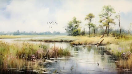 Poster - Generative AI Tranquil marshlands with diverse birdlife. aquarelle