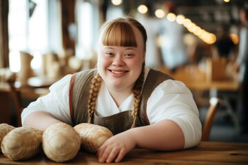 Wall Mural - Down syndrome persona, resilience and positivity, radiant joy, genuine smile.