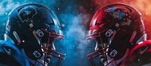 Two football helmets, one red and one blue, are positioned against a dark background, symbolizing the intense rivalry and competition in the world of American football.