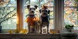 © monsifdx - Two dogs in Halloween costumes sitting on the windowsill and looking out the window.