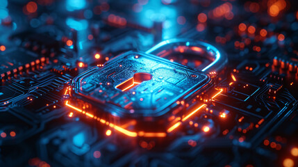 privacy protection banner with padlock on circuit board software web security concept