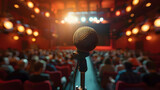 Fototapeta  - A single microphone on a stand is highlighted by a spotlight against a blurred background of an auditorium filled with an expectant audience, suggesting a live performance or speech.