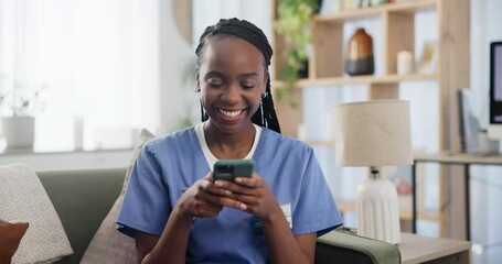 Poster - Happy, nurse or smartphone on sofa in nursing home, connectivity or browse internet or social media. Woman, smile or mobile app for healthcare, medical or wellness app for text message in living room