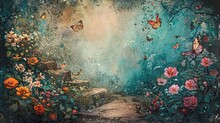 Pastel Tones Painting A Dreamlike Forest Glade Butterflies Dancing Around Vibrant Flowers