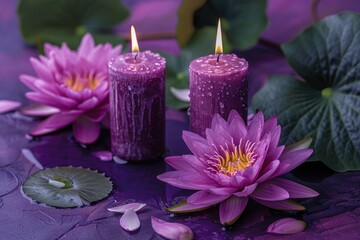 two candle and lotus flowers on purple background