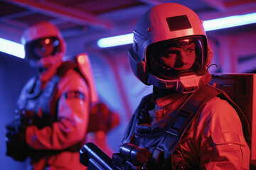 Wall Mural - Scene from retro sci-fi series, characters in futuristic props explore the unknown aboard vintage spacecraft. Nostalgia concept with peoples wearing retrofuturistic costumes