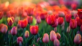 Fototapeta Tulipany - Colorful tulips grow and bloom in close proximity to one another