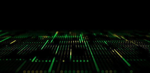 Poster - Digital green background of particles. Abstract futuristic illustration. Big data visualization. Technology dynamic dots background. 3D rendering.