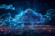 © Rattanachat - The essence of connectivity, with clouds and stars intertwined by binary links over a technologically advanced city, symbolizing the unlocking and evolving of data at night.