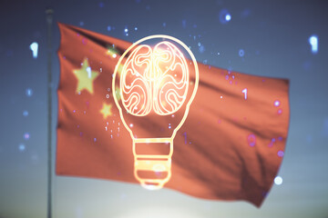 Poster - Double exposure of abstract virtual creative light bulb hologram with human brain on Chinese flag and blue sky background, idea and brainstorming concept