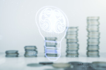 Poster - Abstract virtual idea concept with light bulb and human brain illustration on stacks of coins background. Neural networks and machine learning concept. Multiexposure