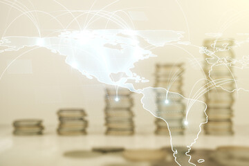 Poster - Double exposure of abstract digital world map hologram with connections on growing coins stacks background, big data and blockchain concept