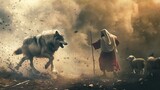 Fototapeta  - Dramatic scene of a wolf roaring at a little sheep Jesus running to intervene with a stick clear intense backdrop