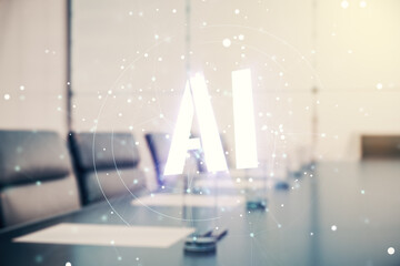 Poster - Abstract virtual artificial Intelligence symbol hologram on a modern conference room background. Multiexposure