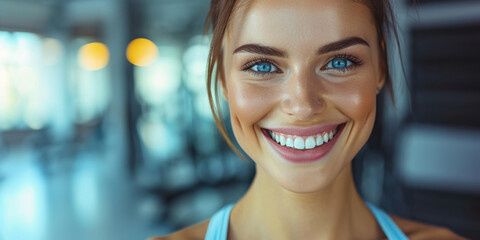 Wall Mural - A smiling, fit woman exudes energy in a gym setting, epitomizing wellness and a healthy lifestyle. She represents the dedication and guidance of a personal trainer.