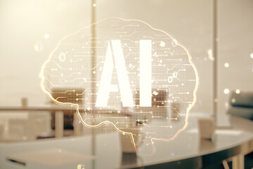Aufkleber - Double exposure of creative human brain microcircuit hologram on a modern boardroom background. Future technology and AI concept