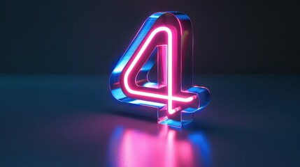 Abstract 3D Render of Glowing Number Four Illuminated in Pink and Blue Neon Light: A Digital Symbol of 4