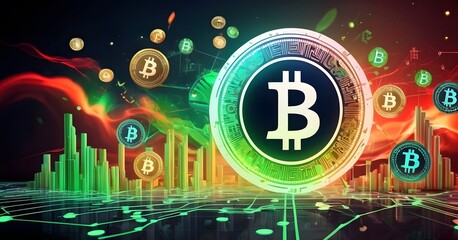 Fototapete - A collection of bitcoins are displayed floating in the air on a vibrant background, creating an artistic scene with graphics and patterns