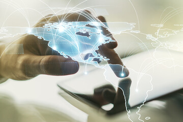 Aufkleber - Double exposure of abstract digital world map with connections and hand working with a digital tablet on background, big data and blockchain concept