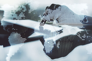 Aufkleber - Multi exposure of abstract creative digital world map and finger presses on a digital tablet on background, research and analytics concept