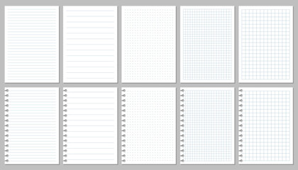 Poster - Realistic paper sheets set, torn sheet of paper from a notebook with lines, squares and shadows, different mockup sheets of book page paper
