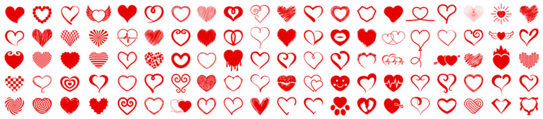 Wall Mural - Heart big set 100 icons, unique different hearts drawn hand collection, new cute hearts