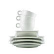 © KRISTINA KUPTSEVICH - Clean, empty white dishes and cups on transparent background. Eco friendly washing dishes and cleaning. Dishes, porcelain background. Front view