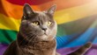 Immagine orizzontale gatto su sfondo con bandiera arcobaleno generato con ai