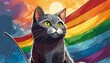 Immagine orizzontale gatto su sfondo con bandiera arcobaleno generato con ai