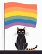 Immagine verticale gatto nero su sfondo bianco con bandiera arcobaleno generato con ai